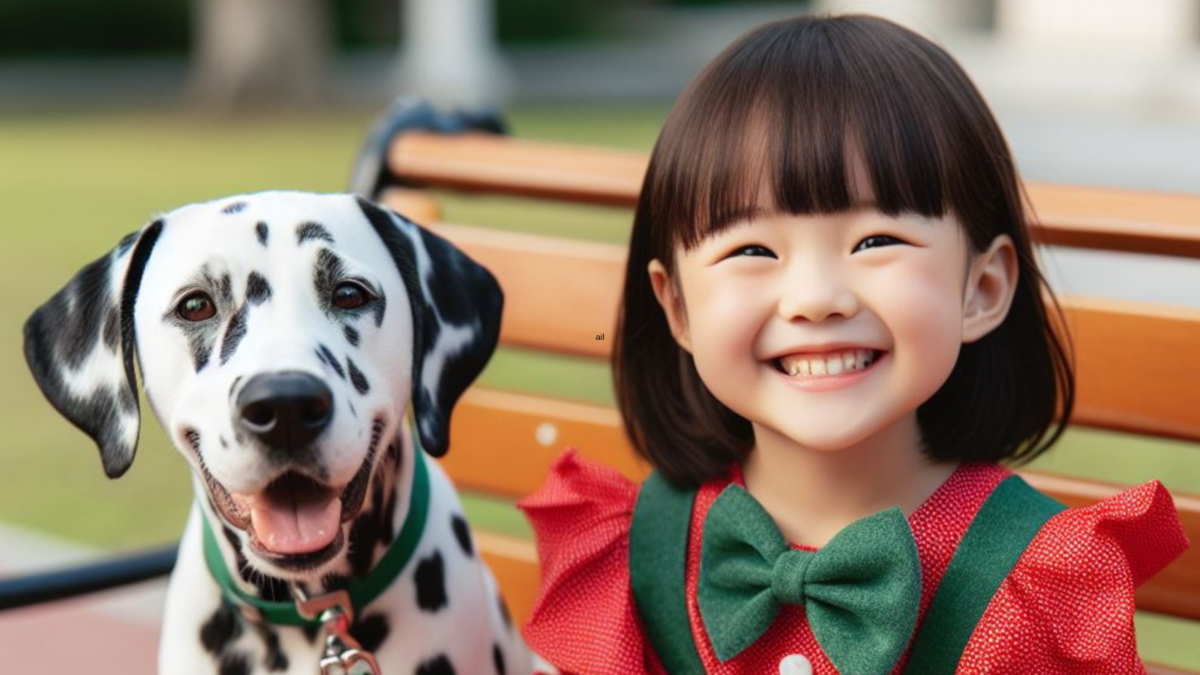 A child with a Dalmatian dog in the park