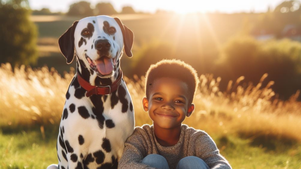 Dalmatian sitting in field with young boy