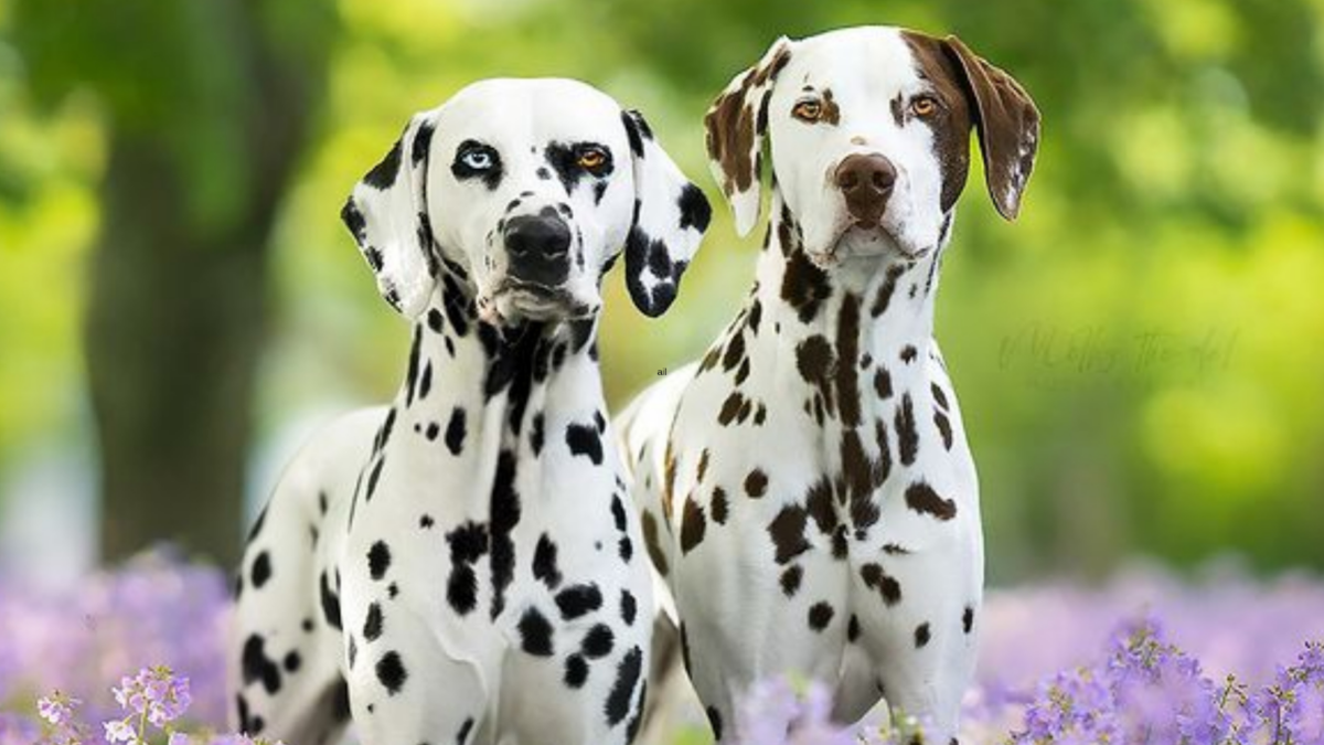 two Dalmatians sitting together in a field