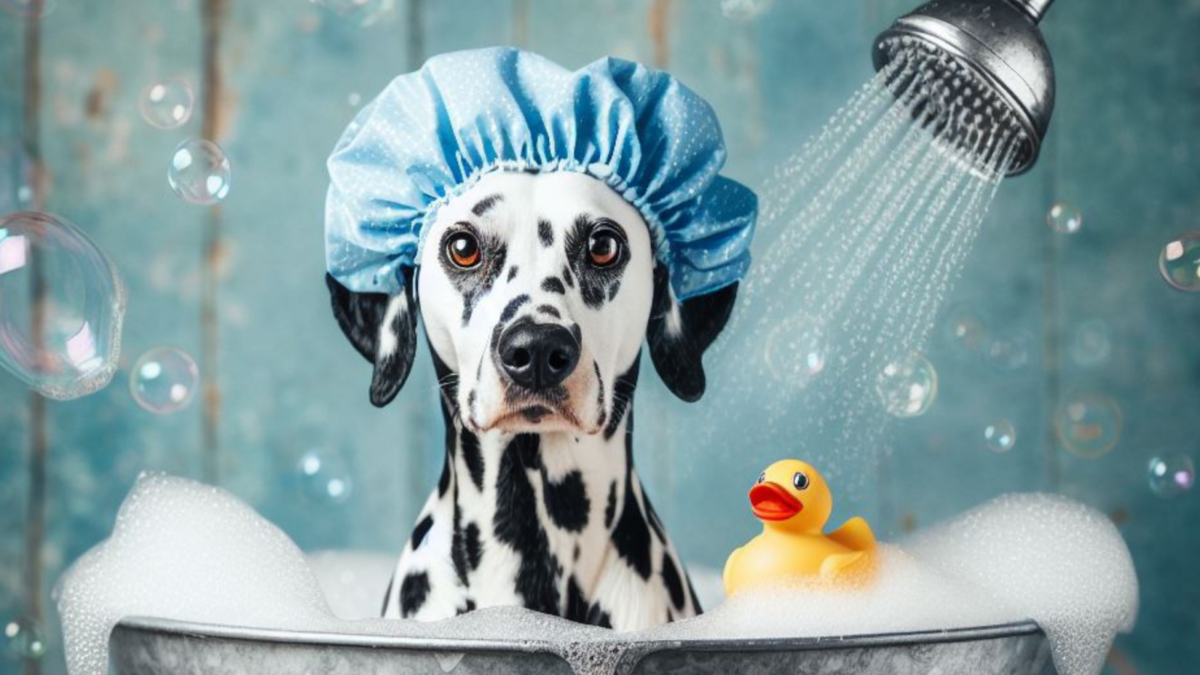 A Dalmatian in a bath with a shower hat