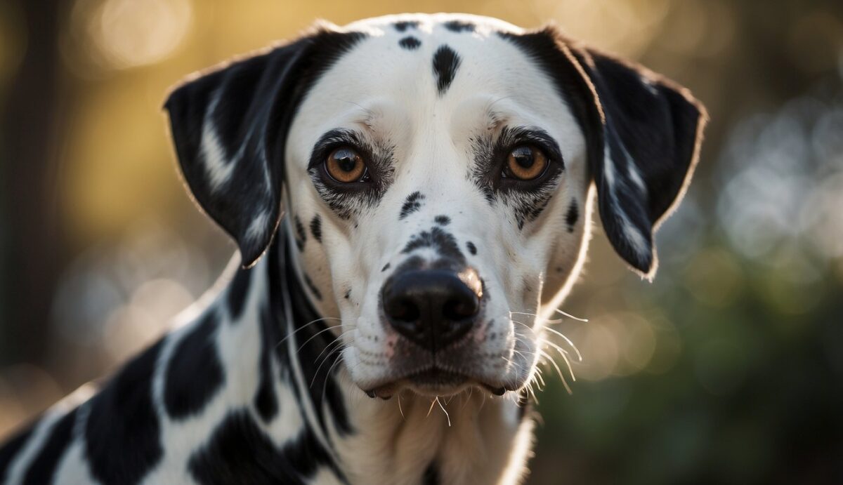 A Dalmatian sits alert, head held high, eyes focused. Ears perked, tail wagging. Intelligence evident in its posture and expression