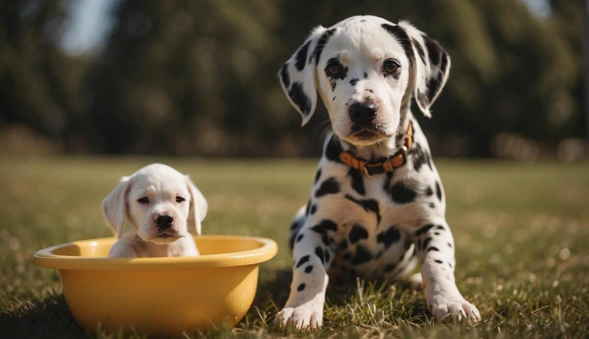 A Dalmatian puppy successfully using a designated potty area outdoors, with a proud owner nearby offering praise and treats