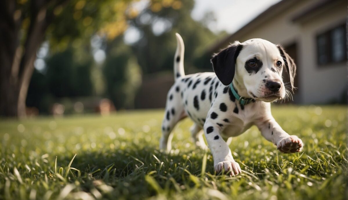 A dalmatian pup sniffs around the grassy yard, then squats to do its business. A nearby owner watches with a smile, ready to reward the successful potty break