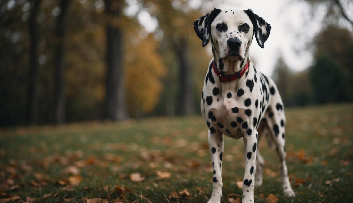 A Dalmatian dog with black spots stands proudly, showcasing its distinct coat. It exhibits energy and athleticism, but also a potential vulnerability to health issues