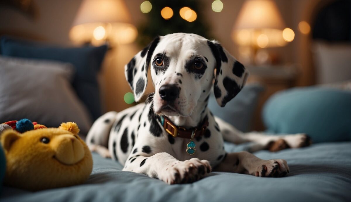A Dalmatian lies on a cozy bed, surrounded by toys and a water bowl. Its bright, alert eyes and sleek coat convey vitality and health