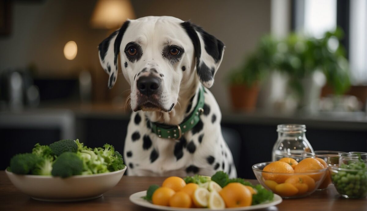 A Dalmatian dog eagerly eats a balanced meal of lean protein, vegetables, and fruits, while a vet discusses common health issues related to nutrition