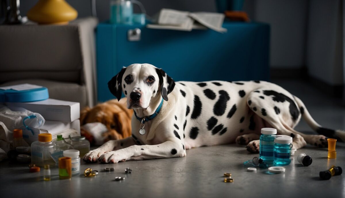 A Dalmatian dog lying down with a sad expression, surrounded by various medical symbols and images representing common diseases and disorders affecting the breed