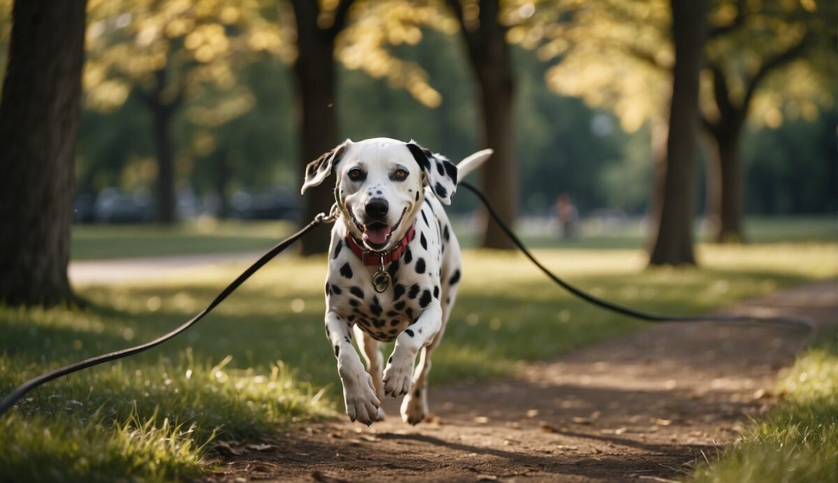 A Dalmatian dog running on a leash with its owner in a park, surrounded by trees and greenery. The dog looks healthy and active
