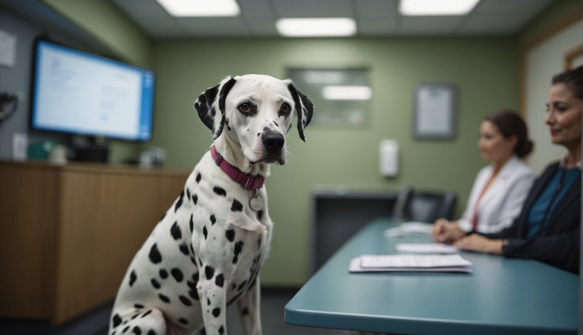 A Dalmatian sits at the vet's office, looking anxious. The vet is discussing reproductive health issues with the owner. The dog's worried expression captures the concern over potential health issues