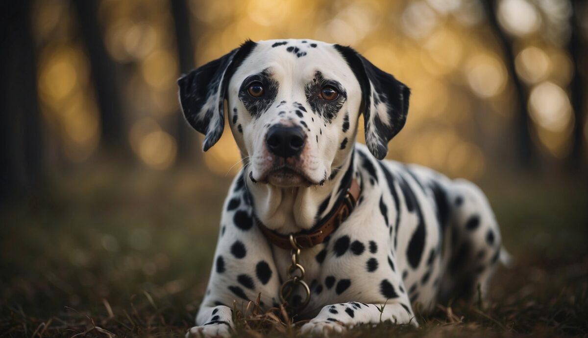 A Dalmatian dog with labored breathing and a pained expression, clutching its chest with a distressed look on its face