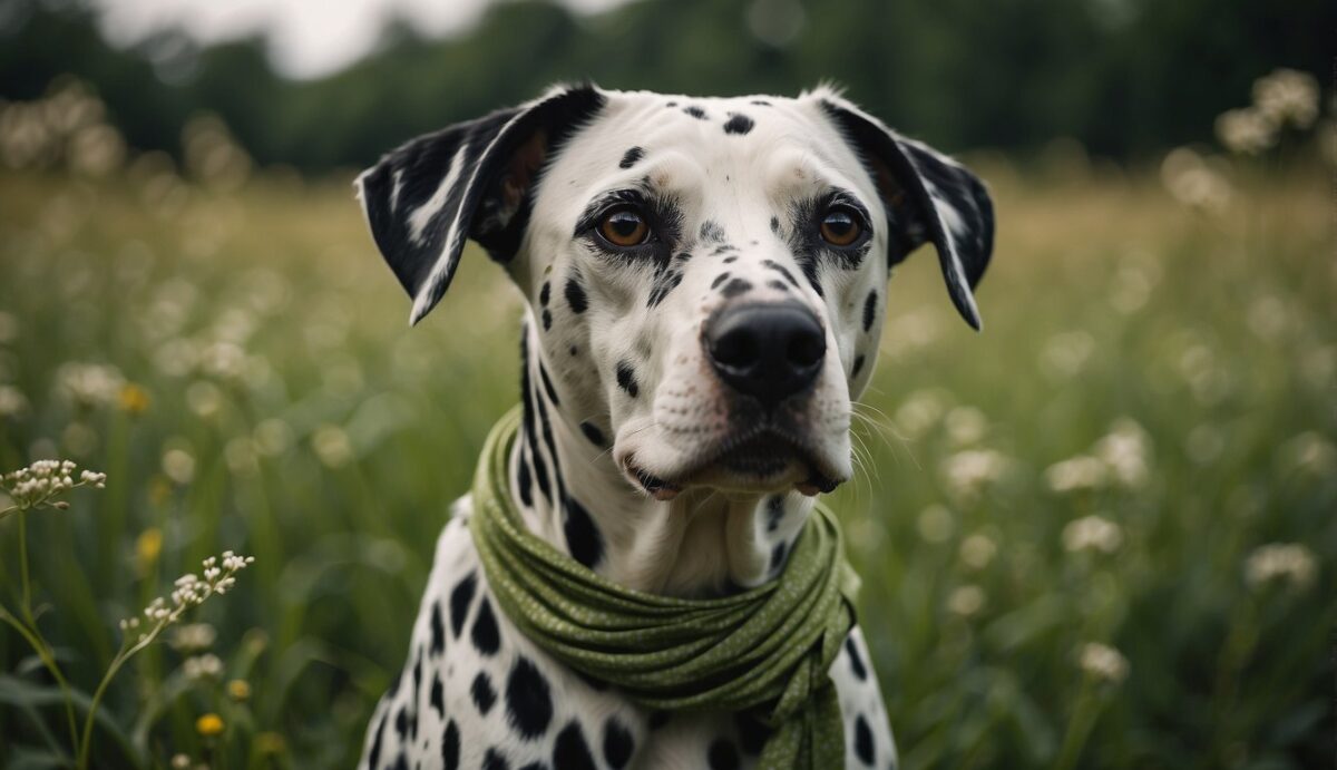 A dalmatian stands in a lush green field, its coat speckled with black spots. It looks healthy but curious, with a hint of concern in its eyes