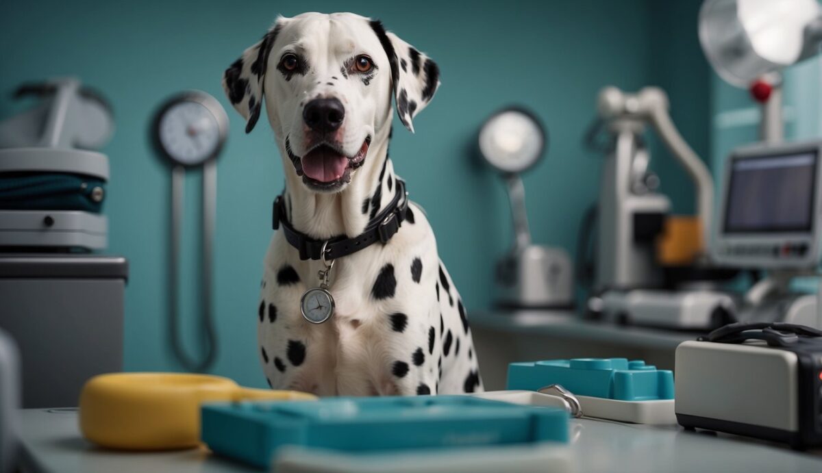 A Dalmatian dog surrounded by veterinary professionals and medical equipment, highlighting the support and resources available for addressing health issues