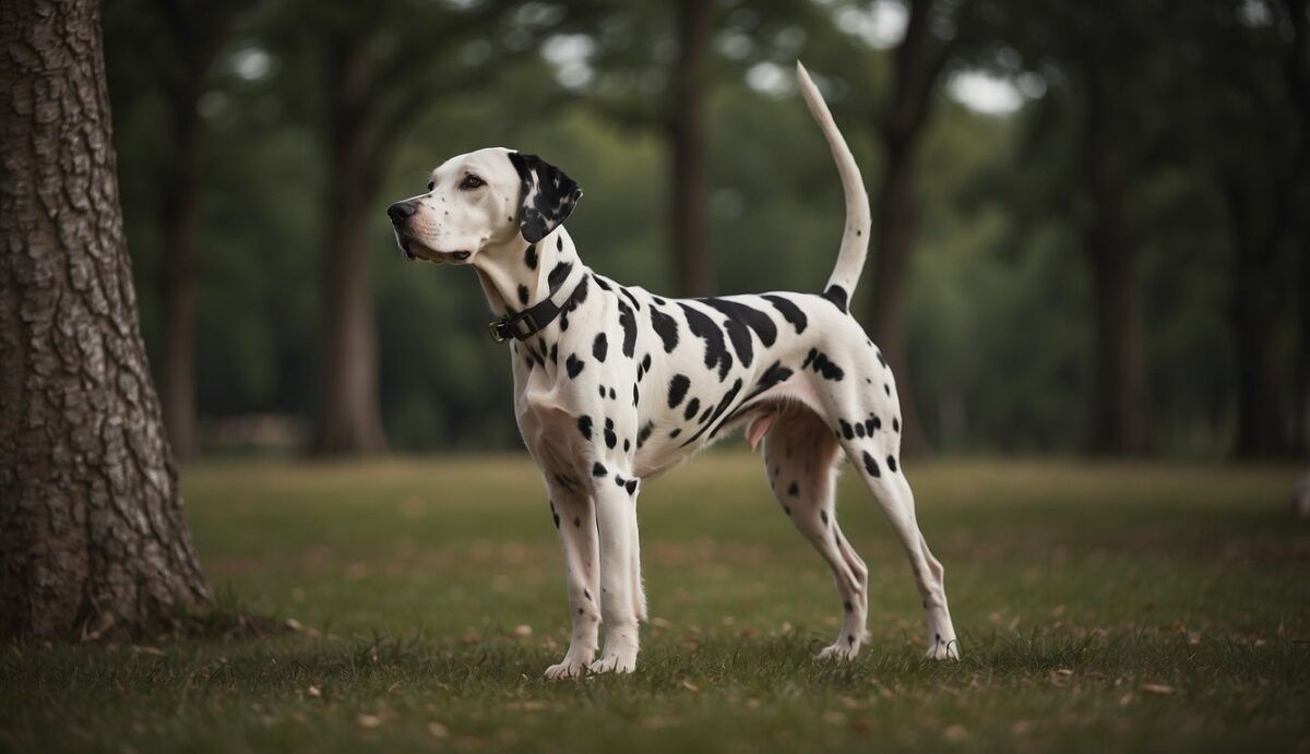A Dalmatian dog stands strong and alert, with a focus on its muscular and neurological health. Its sleek coat and athletic build showcase its vitality and strength