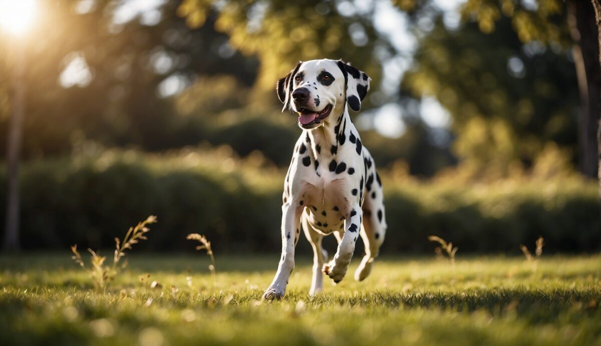 A Dalmatian dog is shown playing outside, with a focus on its urinary system. The dog appears healthy and active, representing urological health