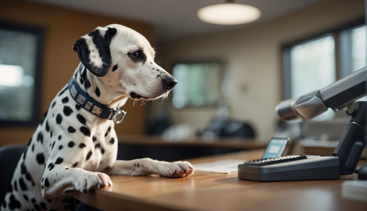 A Dalmatian dog receiving a check-up at the veterinarian's office, with a focus on preventive care and maintenance