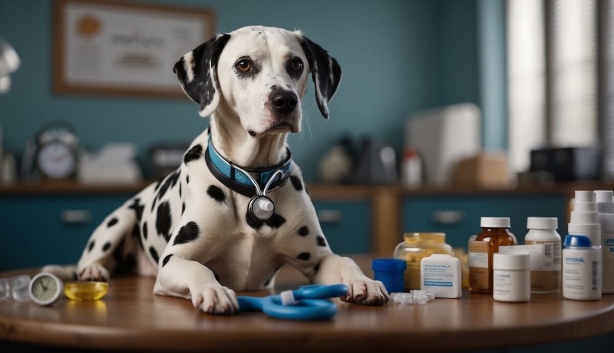 A Dalmatian dog sits with a concerned expression, surrounded by various health-related items such as a stethoscope, medication bottles, and a veterinarian's office backdrop