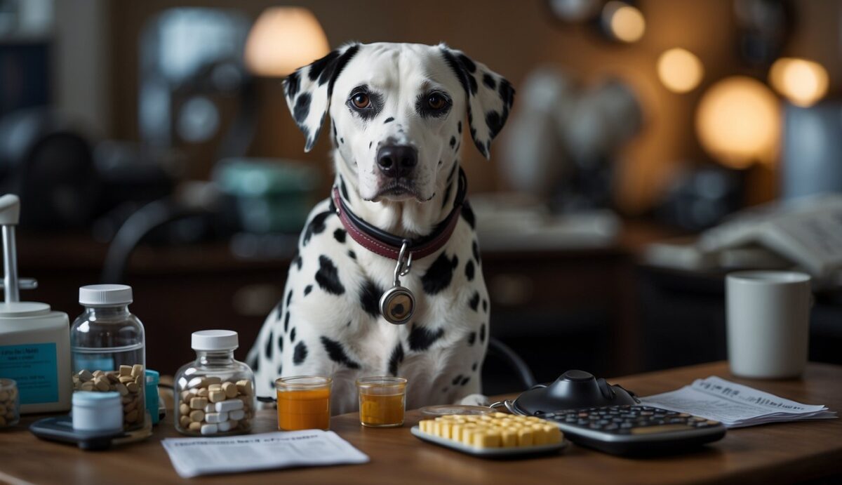A Dalmatian sitting with a concerned expression, surrounded by various health-related items such as a stethoscope, pills, and a veterinary chart