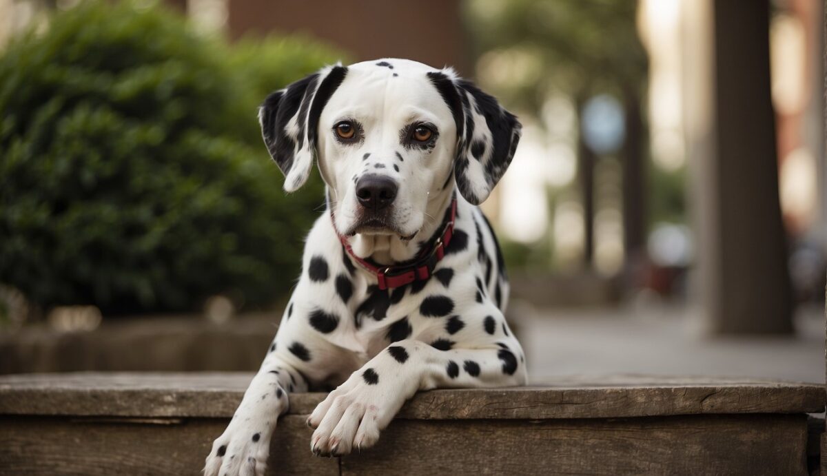 A dalmatian sits attentively, head tilted, ears perked, in front of a sign reading "Frequently Asked Questions: how smart is a dalmatian?"