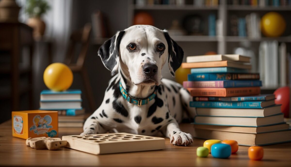 A Dalmatian sits attentively, surrounded by puzzle toys and treats. A book on dog training is open nearby, with a stack of books on canine intelligence