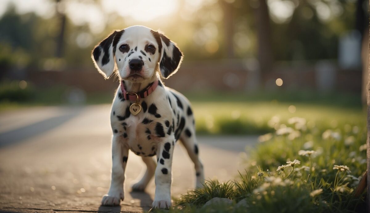 A Dalmatian puppy successfully goes potty outside, while the owner praises and rewards the dog. The puppy looks proud and happy, with a clean and tidy training area in the background