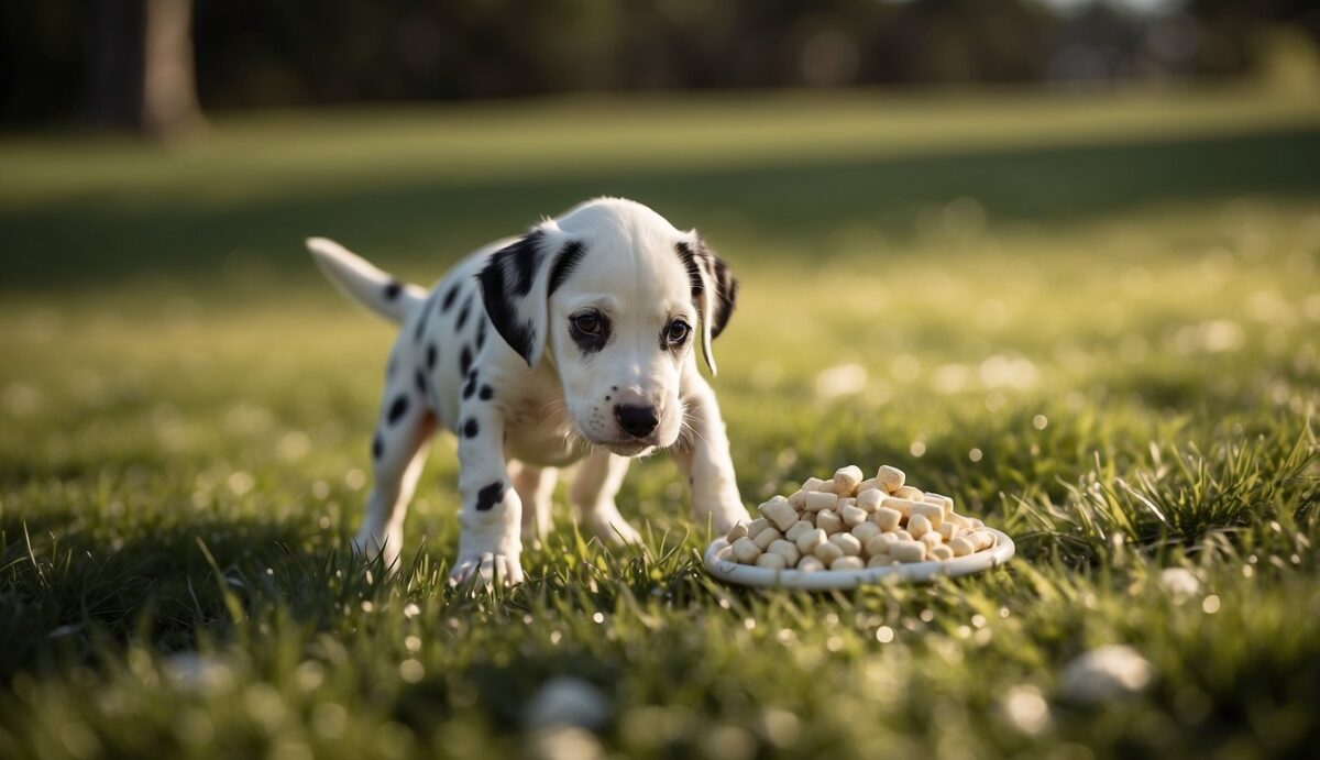 A Dalmatian puppy stands on a patch of grass, sniffing around for a spot to go potty. A training pad and a small pile of treats are nearby, ready for use