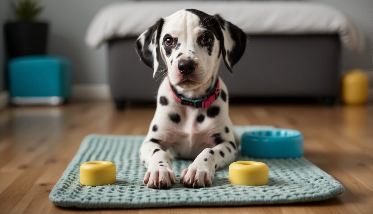 A Dalmatian puppy sits on a potty training pad, with a wagging tail and eager expression. A stack of training treats and a clicker are nearby, along with a positive reinforcement training book