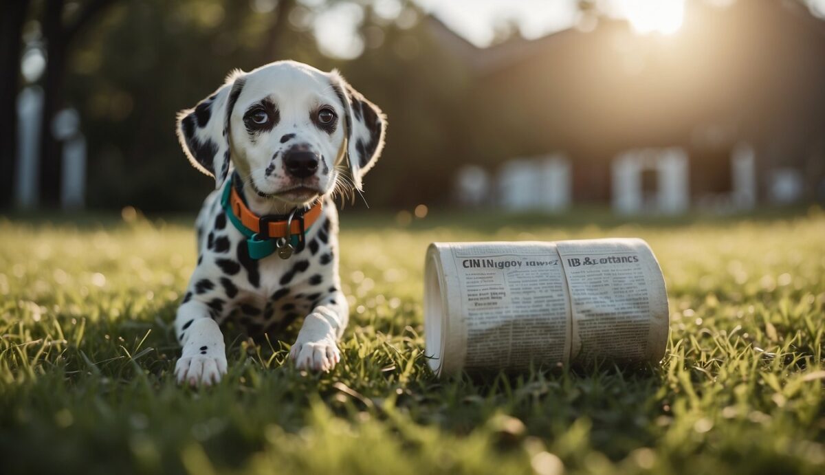 A Dalmatian puppy stands on a grassy area with a potty training pad and a small pile of treats nearby. A smiling owner holds a leash, ready to guide the pup to the designated spot
