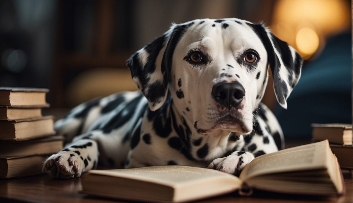 A Dalmatian sits with a thoughtful expression, surrounded by scattered puzzle pieces and a book on canine intelligence