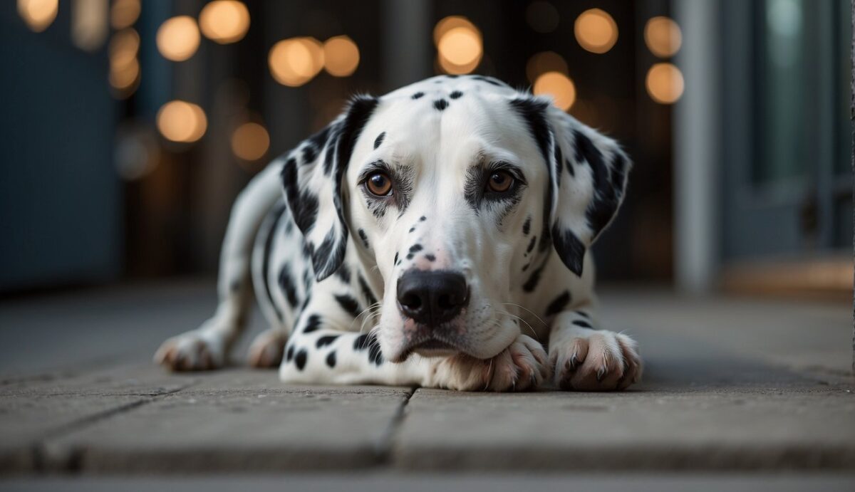 A Dalmatian sheds its white and black fur, leaving patches of hair on the floor