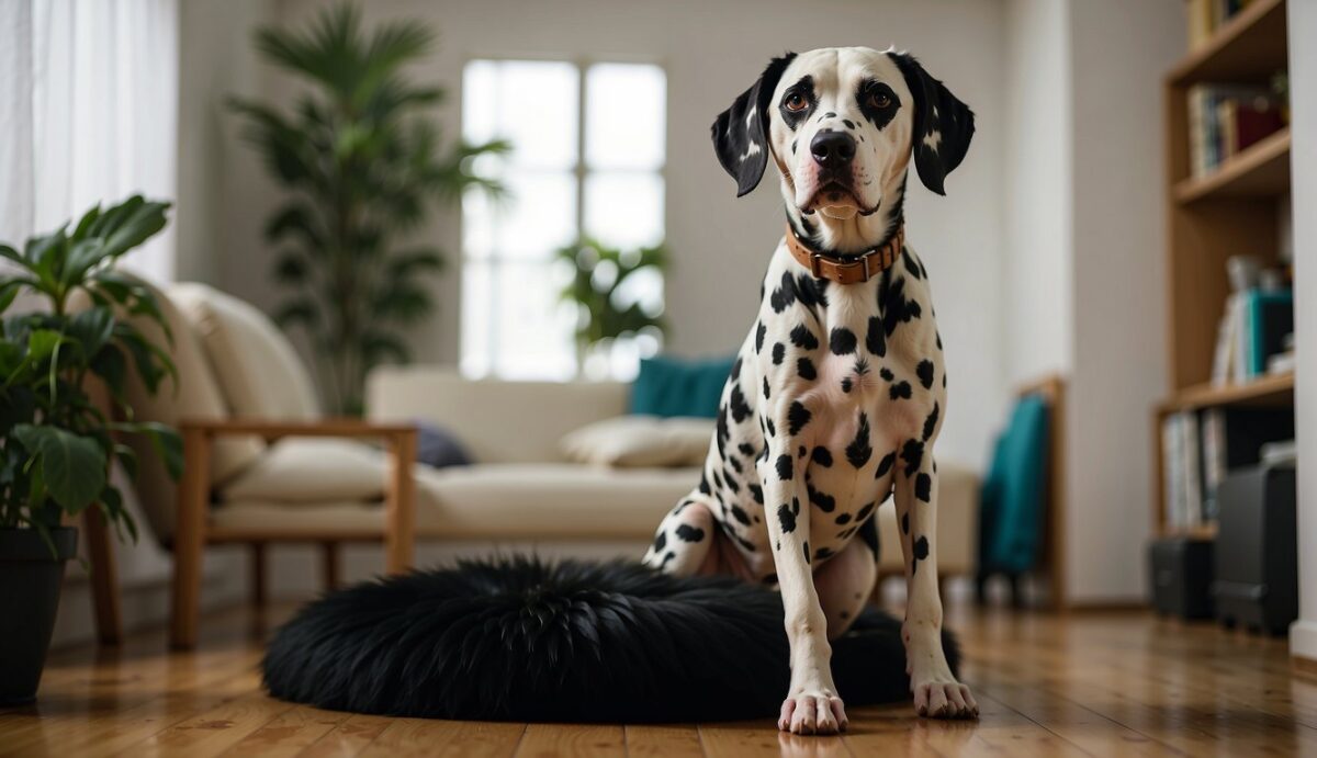 A Dalmatian stands in a room, shedding white and black fur. Fur clings to furniture and floats in the air
