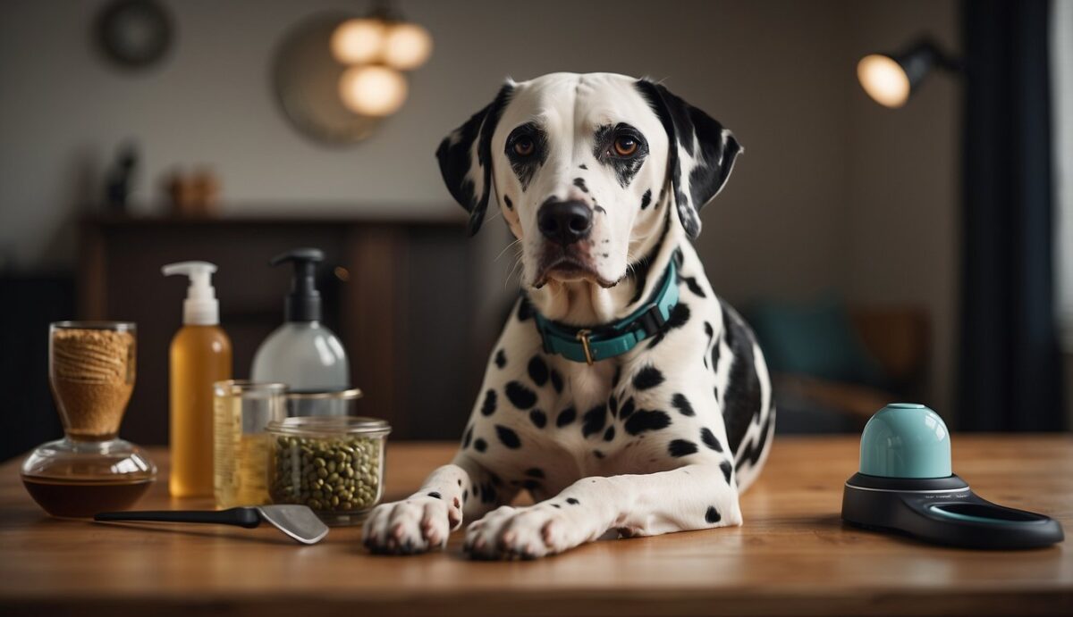 A Dalmatian sits in a room with various factors affecting shedding: temperature, diet, and grooming tools
