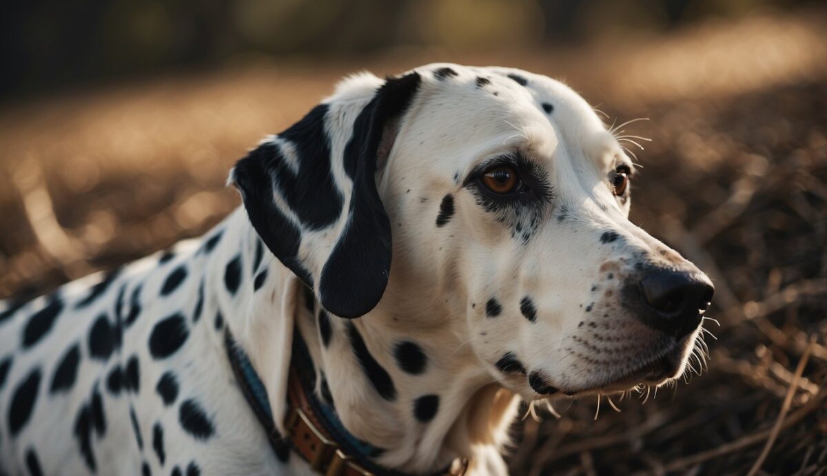 A Dalmatian with minimal shedding, surrounded by a brush, shedding comb, and a pile of collected fur