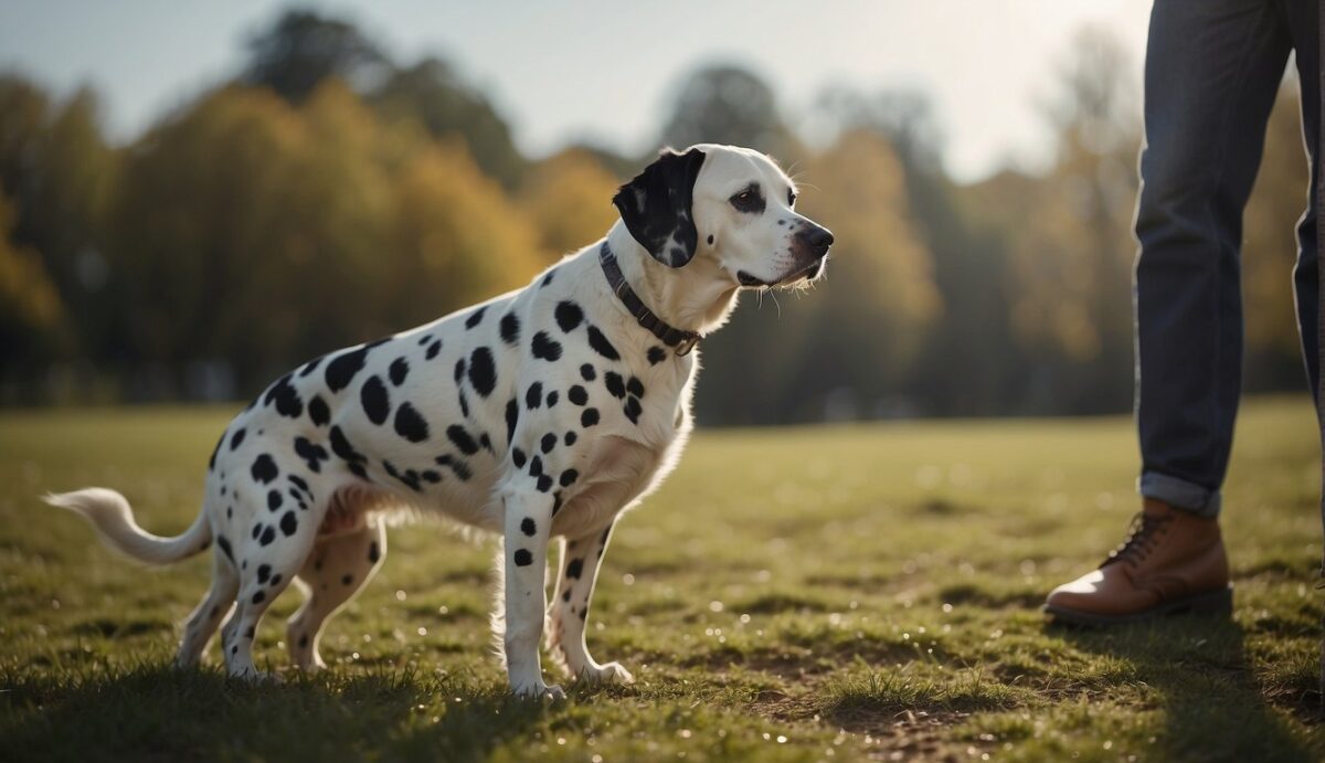 A Dalmatian dog is shown experiencing discomfort while urinating, with small stones visible in the urine. A veterinarian discusses treatment options and dietary changes with the dog's owner