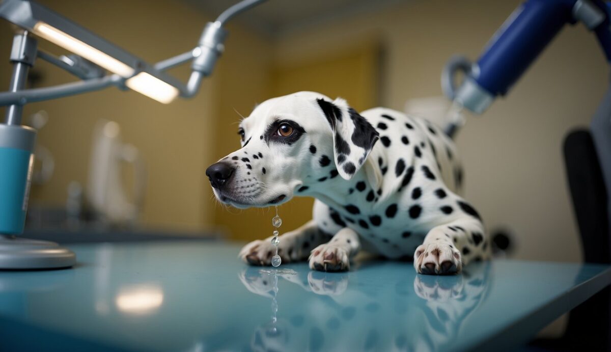 A Dalmatian dog is in discomfort, straining to urinate. A veterinarian examines a urine sample under a microscope, revealing the presence of urinary stones