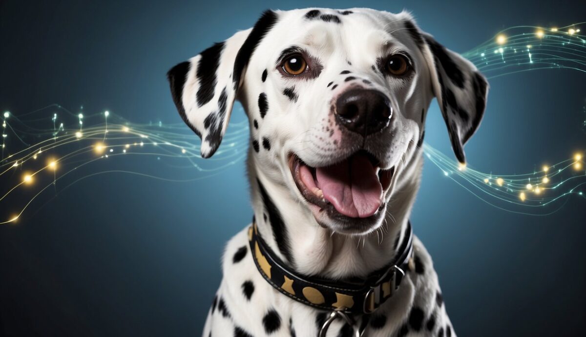 A Dalmatian with a tilted head, ears perked up, and a puzzled expression, surrounded by sound waves and a diagram of the inner ear
