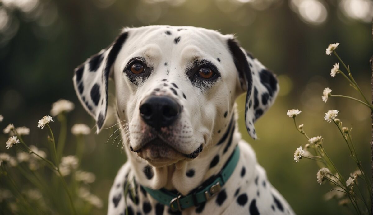 A Dalmatian scratching furiously, surrounded by common allergens like pollen, dust, and mold spores