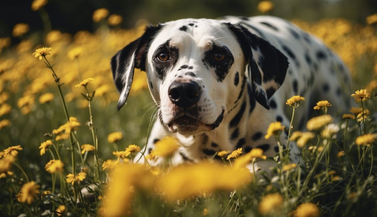 A Dalmatian scratching furiously, surrounded by various potential allergens like pollen, dust, and certain foods