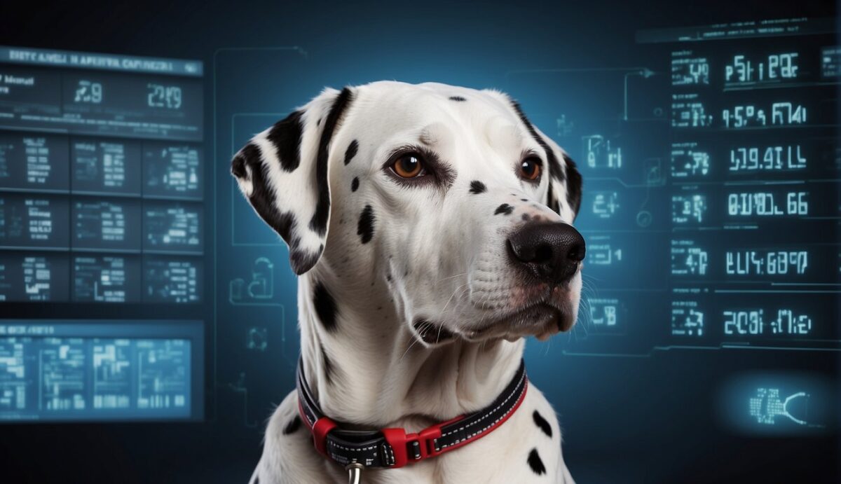 A Dalmatian with a stethoscope around its neck, surrounded by DNA helixes and a chart showing genetic factors for deafness