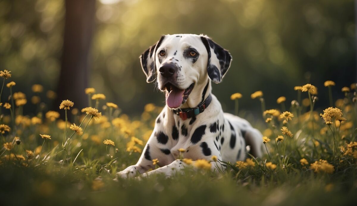A Dalmatian surrounded by common allergens like pollen, dust, and mold, scratching and itching, with red, irritated skin