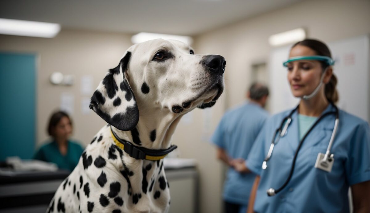 A Dalmatian stands alert as a veterinarian examines its ears with a otoscope, checking for signs of deafness. A chart on the wall displays causes, prevention, and management of Dalmatian deafness