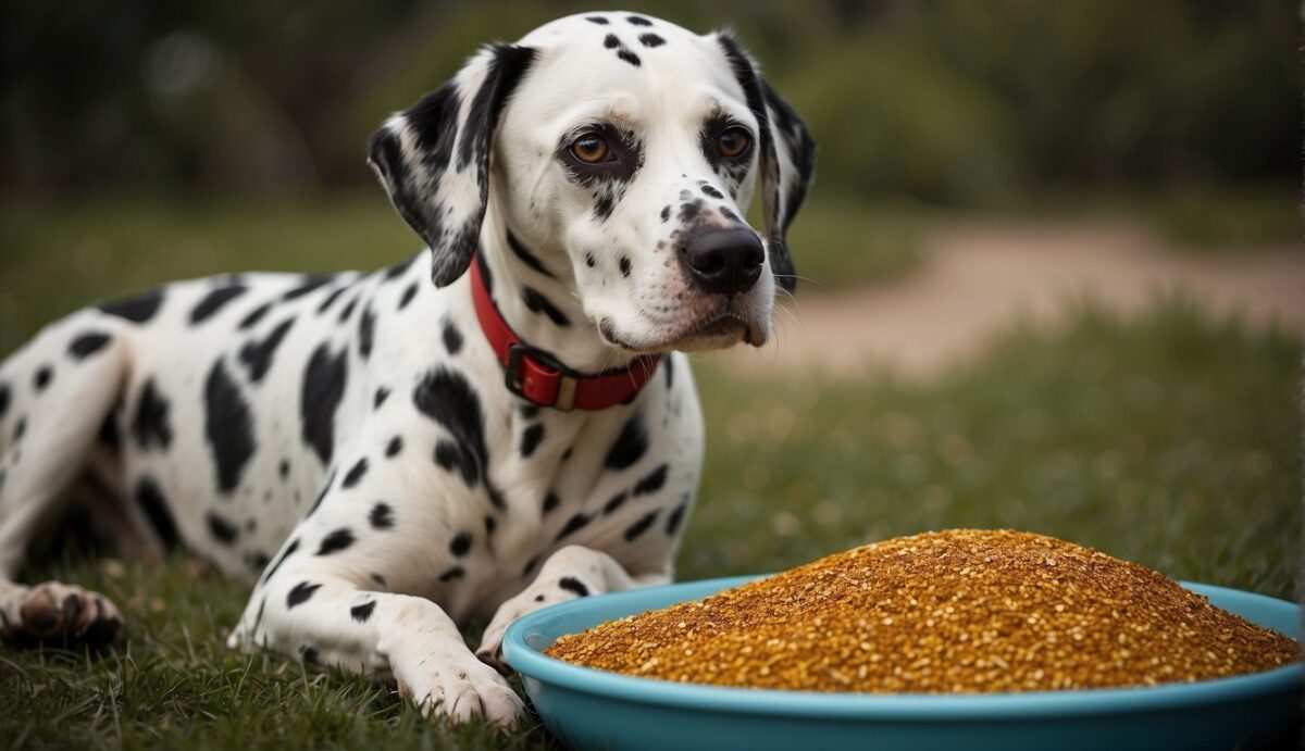 A Dalmatian scratching its red, inflamed skin with a distressed expression. Nearby, pollen, dust, and food bowls are shown as potential triggers for the allergy