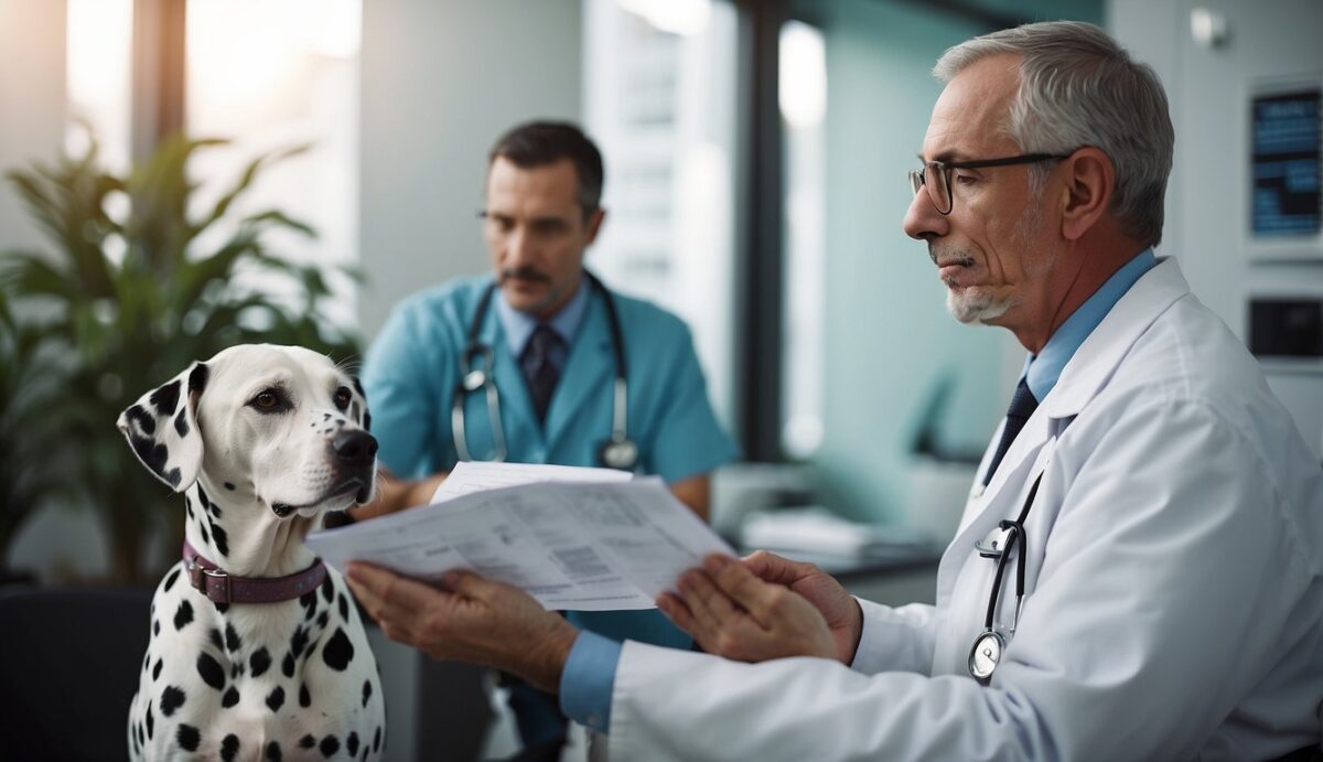 A Dalmatian sits next to a veterinarian discussing deafness prevention and management strategies. The vet holds a chart showing causes and prevention methods