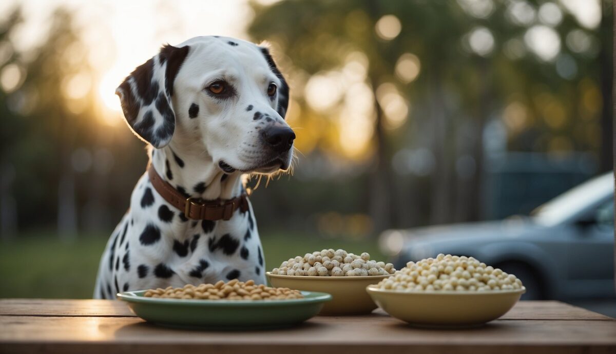 A Dalmatian dog is being fed a specialized diet to prevent urinary stones. The dog appears healthy and active, with a bowl of prescribed food in front of it