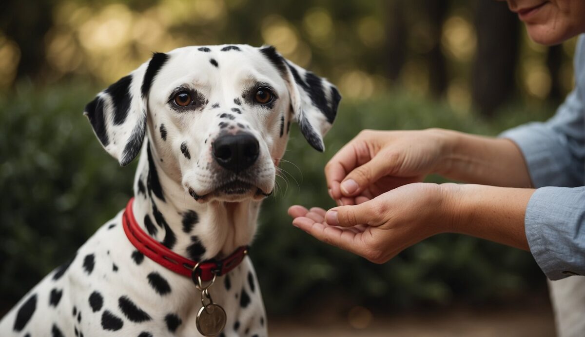 A Dalmatian scratching its red, irritated skin. Nearby, a vet examines the dog's coat for potential allergens