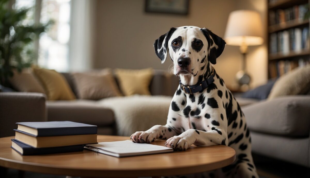 A spotted Dalmatian sits alertly, ears perked up, in a cozy living room. A stack of books on deafness sits nearby, along with a notepad and pen for communication
