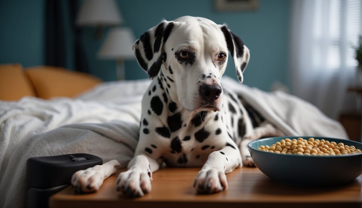 A Dalmatian lies on a cozy bed, looking uncomfortable. A bowl of water and a special diet sit nearby. The vet's prescription for medication is on the table