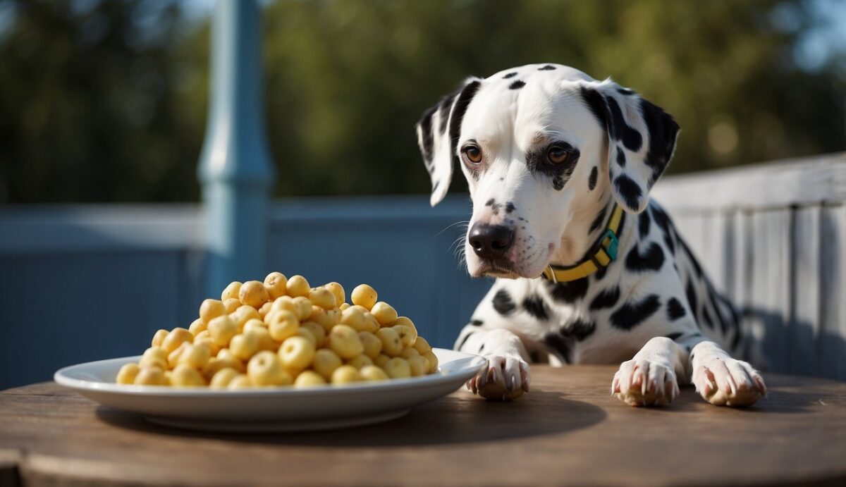 A Dalmatian dog experiencing urinary stone symptoms, receiving treatment, and being fed a specialized diet