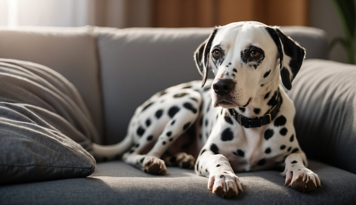 A Dalmatian lounges on a cozy couch, surrounded by hypoallergenic bedding and air purifiers. A variety of potential allergens, such as dust, pollen, and pet dander, are visible in the air
