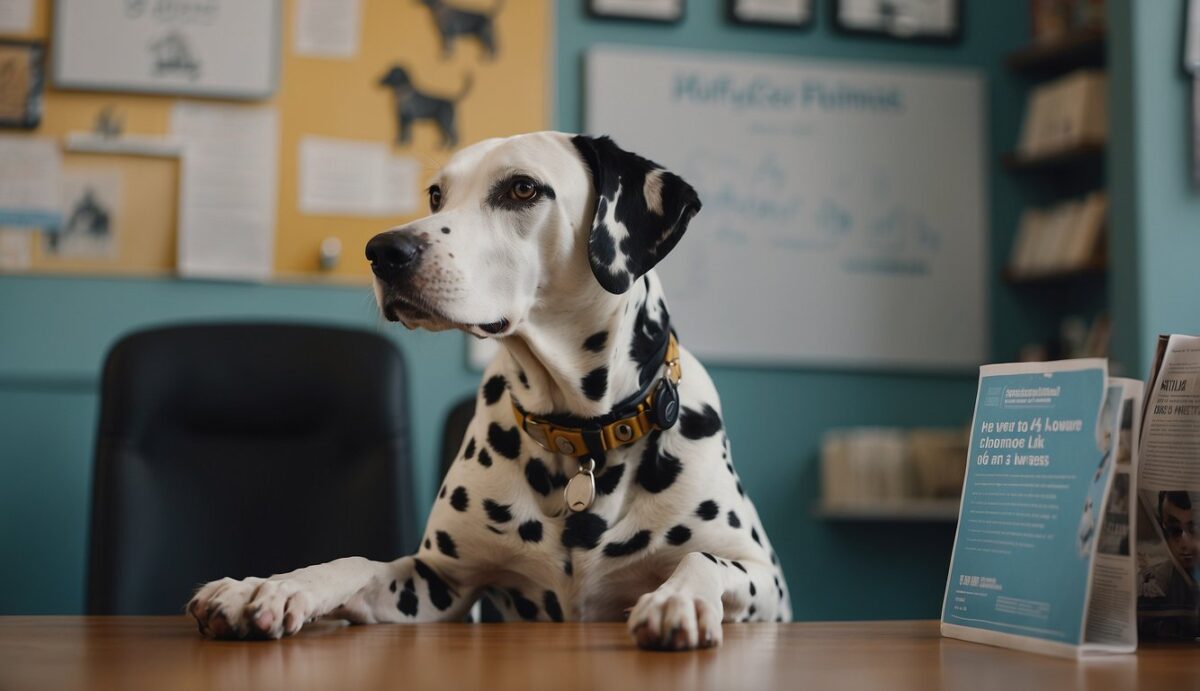 A Dalmatian with a concerned expression sits next to a veterinarian, surrounded by informational posters on deafness in dogs