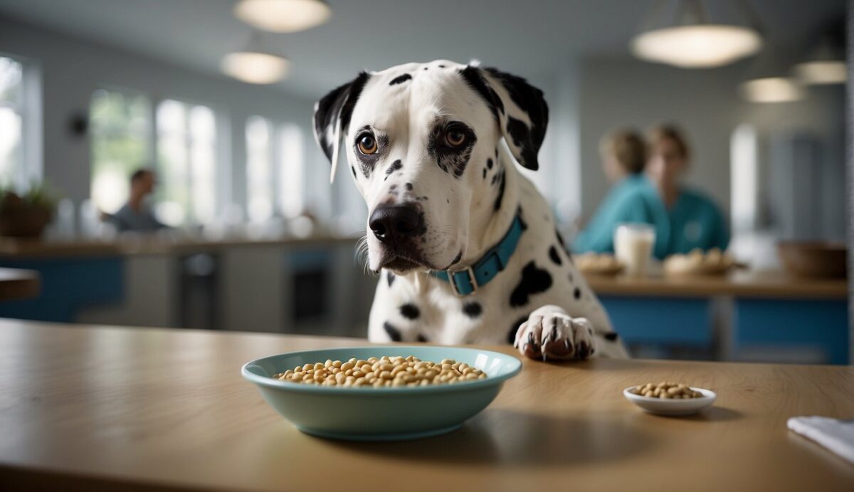 A Dalmatian eagerly eats a bowl of hypoallergenic food while a vet observes. Various potential triggers, such as common allergens and environmental factors, are depicted in the background